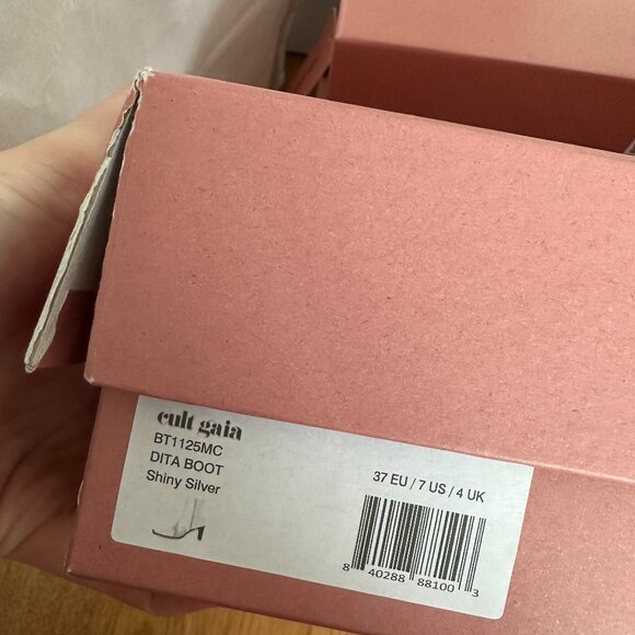 NWT Cult Gaia Dita Heeled Boots Sz 7 in Shiny Silver Metallic Leather Square Toe - Picture 2 of 10